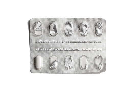 Blister pack with one pill isolated on a white background. Empty pills package. Pharmaceutical blister pack. Pack of pills without tablets.
