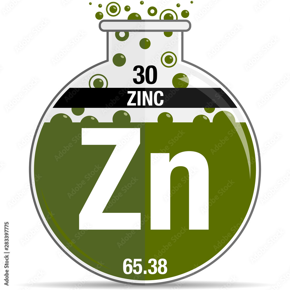 Sticker Zinc symbol on chemical round flask. Element number 30 of the Periodic Table of the Elements - Chemistry. Vector image - Stickers