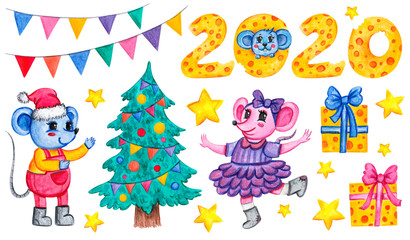 Set of watercolor Christmas elements. Christmas tree