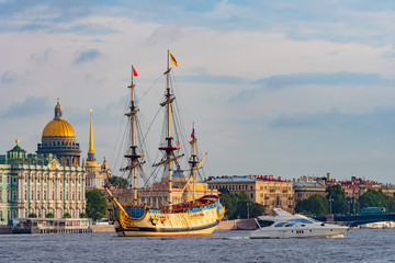 Panorama Of St. Petersburg. The sailing ship on the Neva. Rivers Of St. Petersburg. Summer walks on...