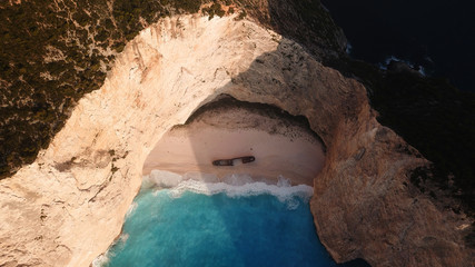 Aerial drone view of iconic beach of Navagio or Shipwreck voted one of the most beautiful beaches...