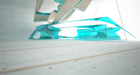 Abstract smooth concrete and wood interior  with window. 3D illustration and rendering.