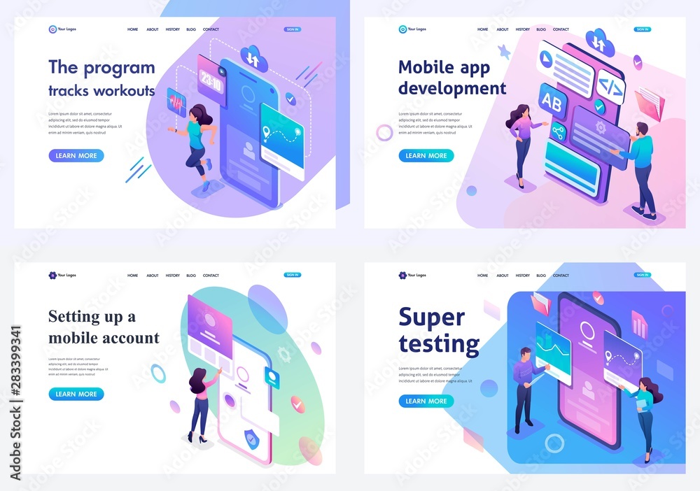 Wall mural set isometric landing pages, concept mobile application testing, mobile application development and 