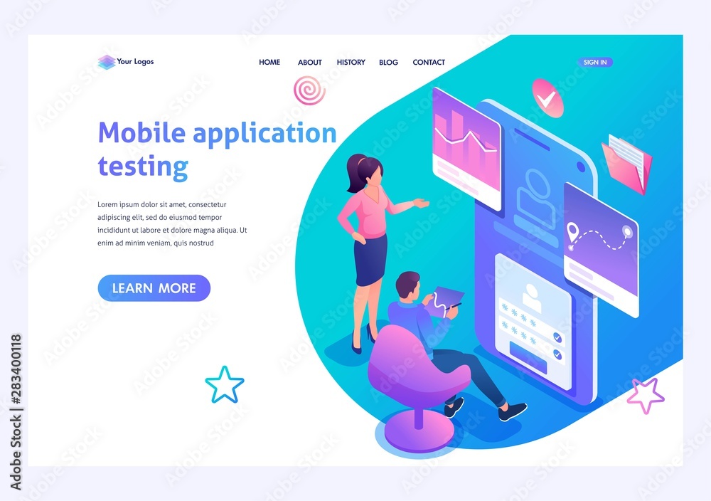 Canvas Prints isometric concept young people are engaged in testing the mobile application, the work of the progra