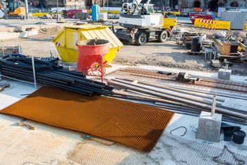 Construction site in european city, concrete mixer