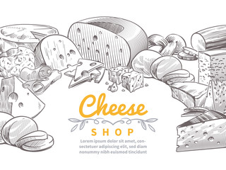 Sketch cheese background. Tasty cheeses brie, feta and parmesan slices gourmet snacks. Doodle sketch vintage vector concept