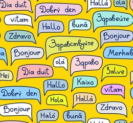 Hello, European languages, seamless pattern, contour drawing, color, yellow, vector. The word "Hello" in a colored cloud. Different European languages.  