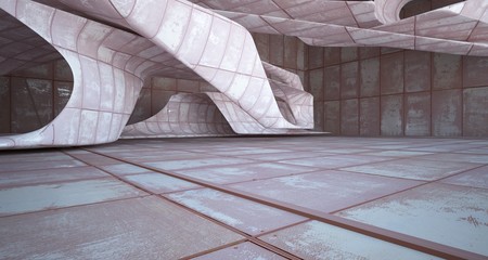 Empty smooth abstract room interior of sheets rusted metal. Architectural background. 3D illustration and rendering