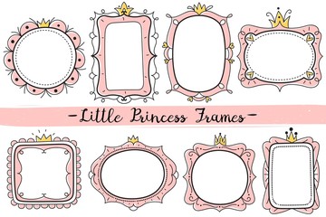 Little princess frames. Pink cute mirrors frame, baby girl birthday party invitation card with hand drawn crown vector template © YummyBuum