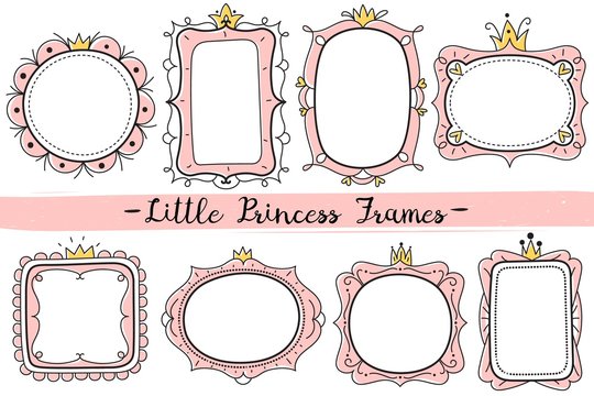 Little princess frames. Pink cute mirrors frame, baby girl birthday party invitation card with hand drawn crown vector template
