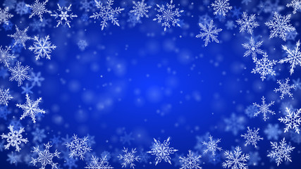 Fototapeta na wymiar Christmas background of complex blurred and clear falling snowflakes in blue colors with bokeh effect