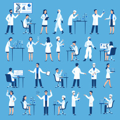 Scientists characters. Doctors group in science hospital laboratory, biological research with test clinical lab equipment vector set - obrazy, fototapety, plakaty