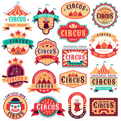 Circus emblems. Carnival festival, fun circus show retro paper signboard invitational banners event frames arrow stickers. Vector set - obrazy, fototapety, plakaty