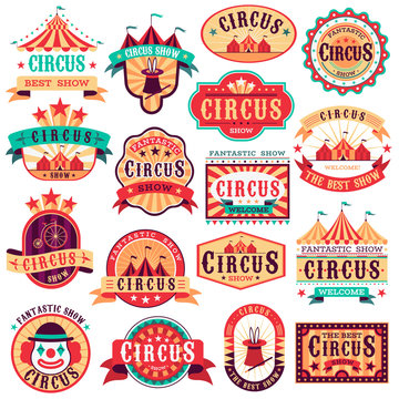Circus emblems. Carnival festival, fun circus show retro paper signboard invitational banners event frames arrow stickers. Vector set