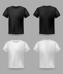 White and black t-shirt mockup. Sport blank shirt template front and back view, men and women clothes for fashion print vector set - obrazy, fototapety, plakaty