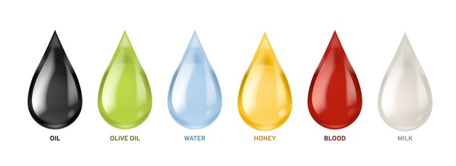 Different liquids drops. Colorful droplets of oil, honey and milk, water. Petrol and blood falling drop realistic vector set