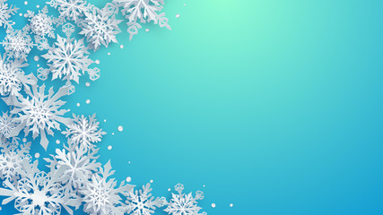 Fototapeta na wymiar Christmas illustration of white complex paper snowflakes with soft shadows on turquoise and light blue background