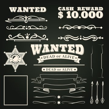 Wanted ornaments. Country vintage western saloon tattoos pattern and cowboy frame scroll elements on dark background vector illustration