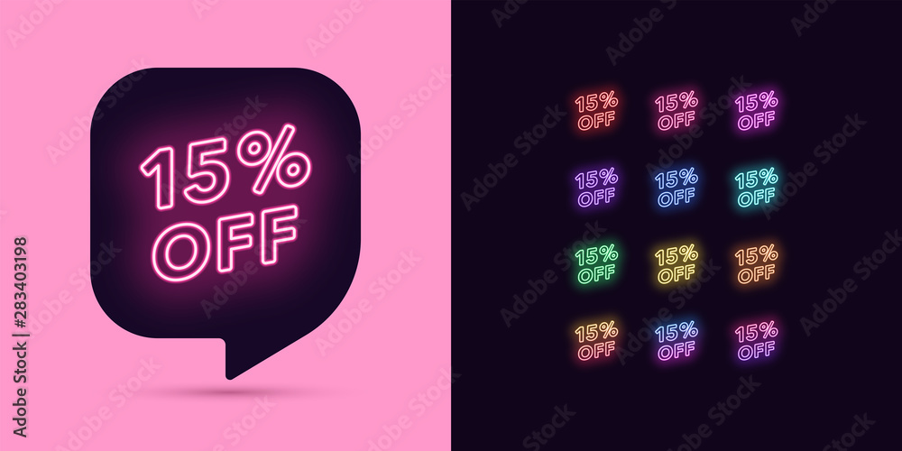 Wall mural neon discount tag, 15 percentage off. offer sale