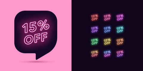 Neon Discount Tag, 15 Percentage Off. Offer Sale - obrazy, fototapety, plakaty