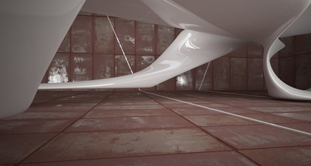 Empty smooth abstract room white interior of sheets rusted metal . Architectural background. 3D illustration and rendering