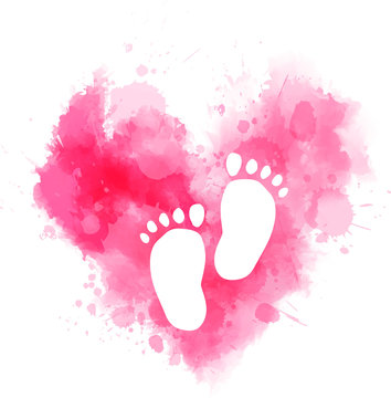 Pink watercolor heart with baby footprints