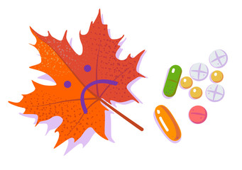 Pills and red sad leaf. Seasonal depression and Antidepressants. Autumn cold and flu. Season affective desorder. Flat vector illustration on white isolated background.