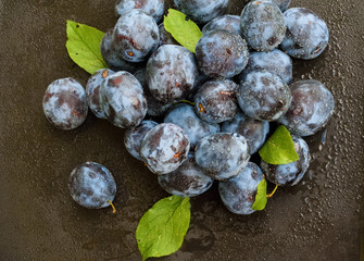 Macro photo of fresh fruit plums. Top view.