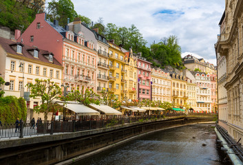 Fototapeta na wymiar City river and outdoor cafes, Karlovy Vary