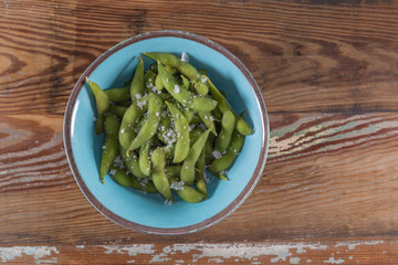 Salted Edamame in Blue Bowl
