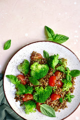 Buckwheat salad with vegetables.Top view with copy space.