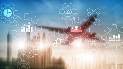 Business process abstract diagram with gears and icons. Workflow and automation technology concept