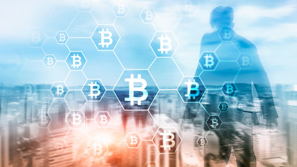 Bitcoin, Blockchain concept on server room background.