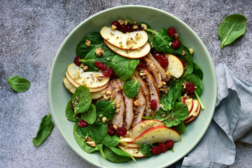 Spinach salad with grilled chicken breast, red apple, dried cranberry and walnuts. Top view with...