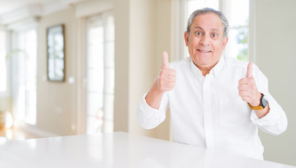 Handsome senior man at home success sign doing positive gesture with hand, thumbs up smiling and happy. Looking at the camera with cheerful expression, winner gesture.