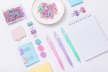 School supplies in pastel color Back to school concept Flat lay