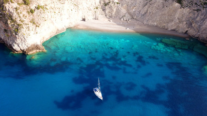 Aerial drone photo of tropical caribbean bay with white sand beach and beautiful turquoise and...