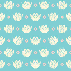 Vector Vintage Water Lilies in line with Rhombs seamless pattern background. Perfect for fabric, wallpaper and scrapbooking projects.