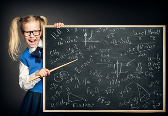 Child Girl Pointing School Blackboard with Mathematics Formulas, Amazed Kid Pupil as Teacher