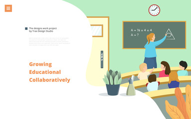 Pupils and teacher in classroom learn math. Landing Page Template. Education Trainer. Easy to edit and customize. Vector illustration