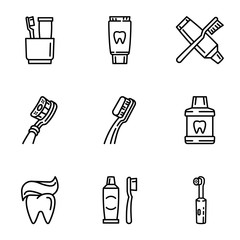 Healthy toothcare icon set. Outline set of 9 healthy toothcare vector icons for web design isolated on white background