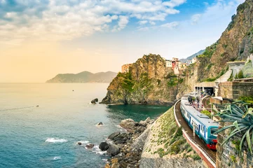 Fotobehang Liguria Manarola, Cinque Terre - treinstation in beroemd dorp met kleurrijke huizen op klif boven zee in Cinque Terre