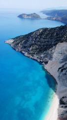 Aerial drone photo of iconic turquoise and sapphire bay and beach of Myrtos, Cefalonia island, Ionian, Greece