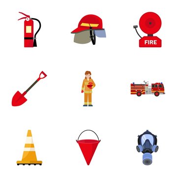 Safety firefighter icon set. Flat set of 9 safety firefighter vector icons for web design isolated on white background