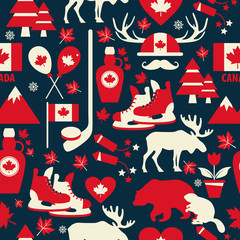 Canada sign and symbol, Info-graphic elements flat icons set in seamless pattern. © olga_milagros
