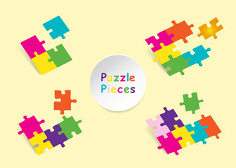 Group of  puzzle pieces four, five, six and seven, one of them is flying ready for your text. 