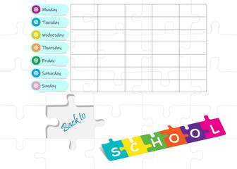 School weekly planner concept template vector of puzzle pieces. Blank white puzzle pieces are in the background.