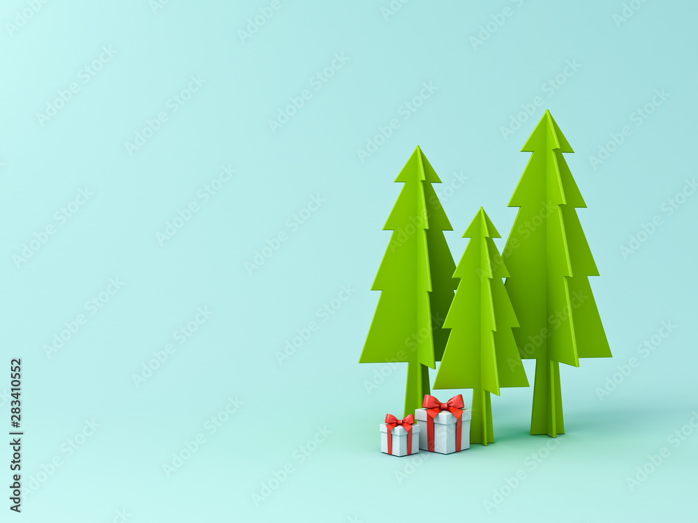 Poster christmas tree or pines and gift boxes with red ribbon bow isolated on light blue green pastel color
