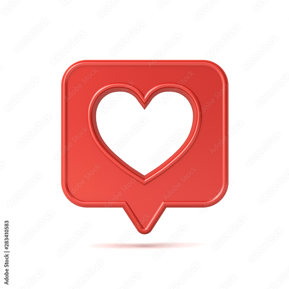 Poster 3d social media notification love like icon with hole heart shape on red speech bubble pin isolated on white background with shadow 3D rendering