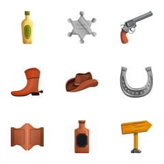 Saloon cowboy icon set. Cartoon set of 9 saloon cowboy vector icons for web design isolated on white background